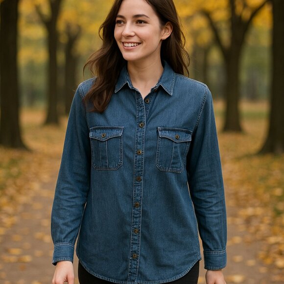 Fossil Denim Button-Up Shirt Size L – Classic Blue Long Sleeve Chambray Top - Picture 1 of 5